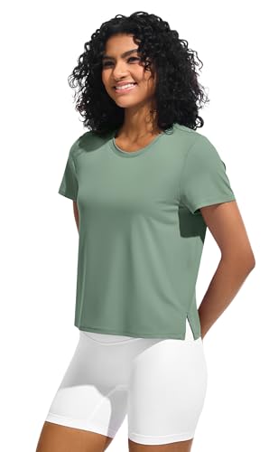 Ice Silk Women's Short Sleeve Workout Shirts Loose Fit Side Slits Athletic Tee Tops3