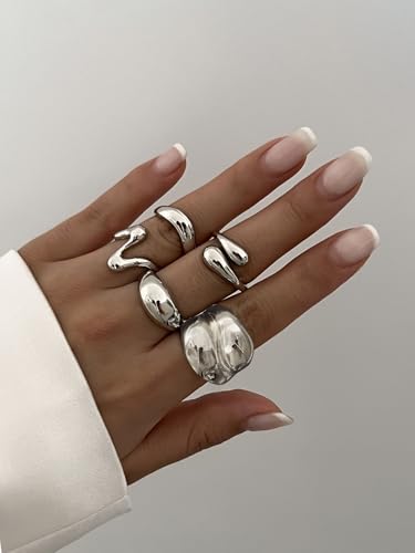Sora Tuki Chunky Gold Rings Set for Women Trendy Ring Chunky Silver Rings for Women Big Chunky Rings Thick Rings Gold Statement Rings for Women Fashion Rings Chunky Gold Jewelry Dome Silver Rings Set4