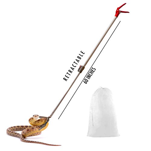 Karu 60" Retractable Professional Snake Tongs - Aluminum Steel with Hand-Contoured Pistol Non-Slip Grip Handle, Wide Jaw & Locking Mechanism - Heavy Duty Snake Grabber Best for Snake & Reptile catcher