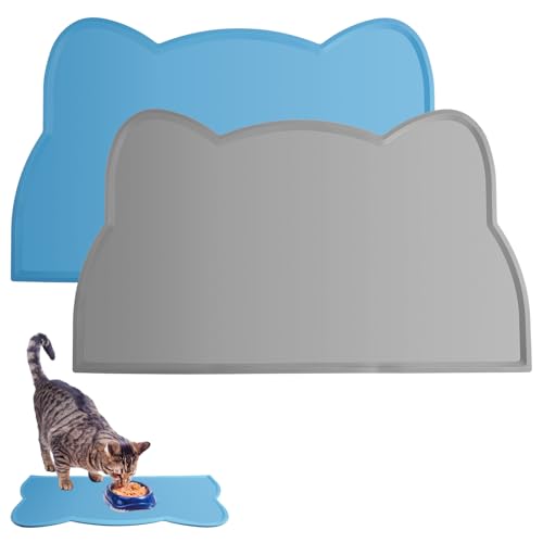 2 Pezzi Tappetino Ciotole Gatto in Silicone, 44×25,5 cm Tappetino Ciotola Cane Impermeabile, Sottociotola per Cani Antiscivolo, Tappeto Ciotola Cane per Cibo e Acqua, Senza BPA, Grigio, Blu