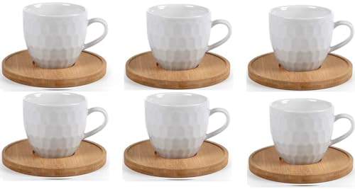EDITACASA - Set di 6 tazzine in ceramica colore bianco, con piattino in bamboo capinza 85 cc le tazzine segnuono uno stile moderno - shabby chic