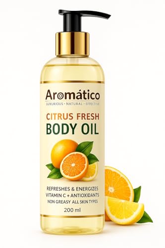 AROMATICO Citrus Fresh Body Oil for Men - 200ml |Dry Skin-Deep Hydration Formula for Nourished Skin in the Winters | Non-Sticky Texture, for Daily Use after Bath | Fresh & Energising Fragrance