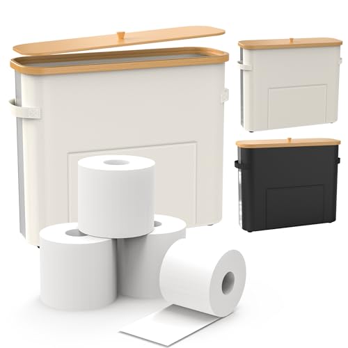 Thalomely Toilet Paper Storage Basket, Waterproof Toilet Paper Basket with Bamboo Lid and Handle, Collapsible Storage Organizer with Footbase for Bathroom, Toilet Paper Holder with Storage, Beige