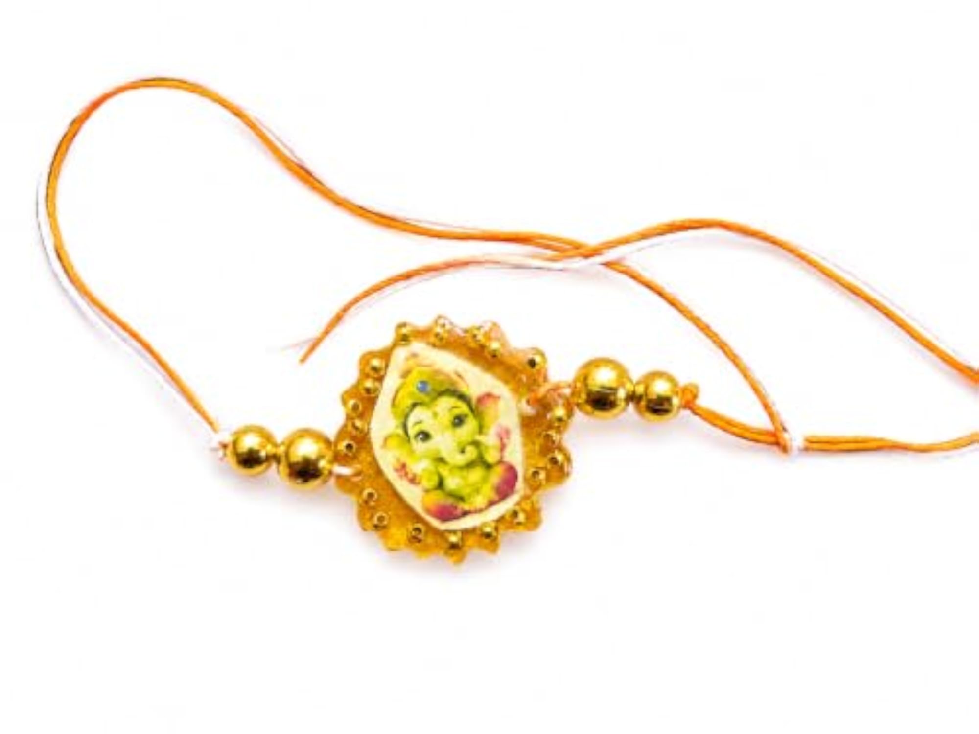 Ganesha Rakhi with Gold Beads and Orange Thread, Raksha Bandhan Gift
