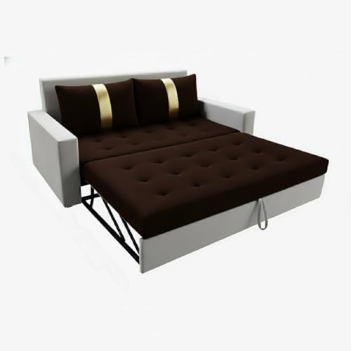 Image of FURNY Tressa 2 Seater Fabric Pull-Out Sofa Cum Bed (Light Grey-Dark Brown) Premium Velvet Finish | Durable Comfort | Ideal for Living Room