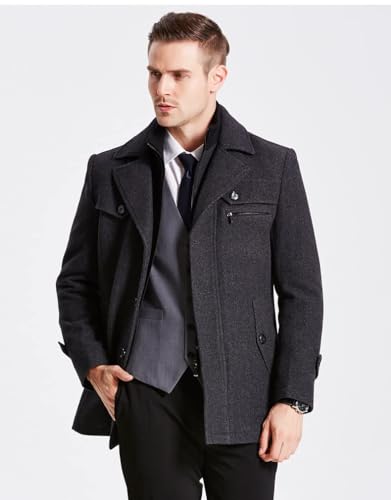 Tebreux Men's Winter Pea Coat Slim Fit Single Breasted Short Wool Jacket Woolen Trench Coat2