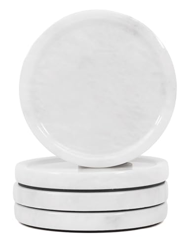 Image of Earthen Crafts White Marble Coasters – Set of 4 Round Handmade Stone Coasters (4 Inch) – Modern Farmhouse Coffee Table Decor – Bar, Dining Table & Housewarming Gift Set
