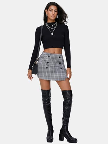 EXLURA Womens Button Bodycon Mini Skirt Sexy Night Club High Waist Elastic Y2K Fall Winter Plaid Skirts - Image 3