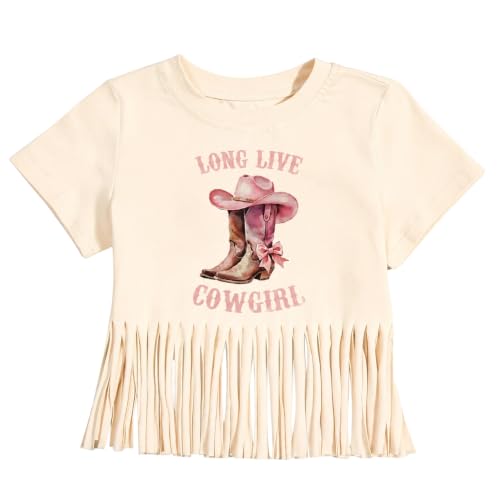 Image of Girls Western Shirt Cowgirls Embroidered Country Concert T Shirt Graphic Horseback Rider Tassel Fringe Tee Tops