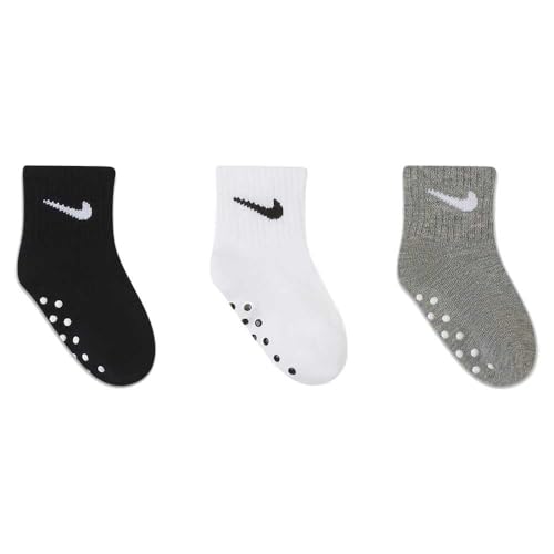 NIKE Children's Apparel Baby Ankle Gripper Socks (3 Pairs), Black/White/Grey, 12/24M