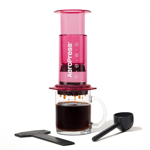 AeroPress (エアロプレス) クリアコーヒープレス – 3イン1の抽出方法 フレンチプレス プーローバー エスプレッソ フルボディコーヒー 砂や苦味なし 小型ポータブルコーヒーメーカー キャンプや旅行用 ピンク