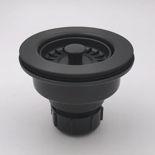 3-1/2 Inch Polymer Black Sink Drain Assembly with Basket Strainer and Stopper for Quartz, Granite or Fireclay Kitchen Sinks