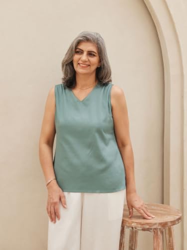 Image of SAADAA V-Neck Tops for Women| Viscose Fabric | Sleeveless Design | Relaxed Fit for Everyday Comfort | Office & Casual Wear