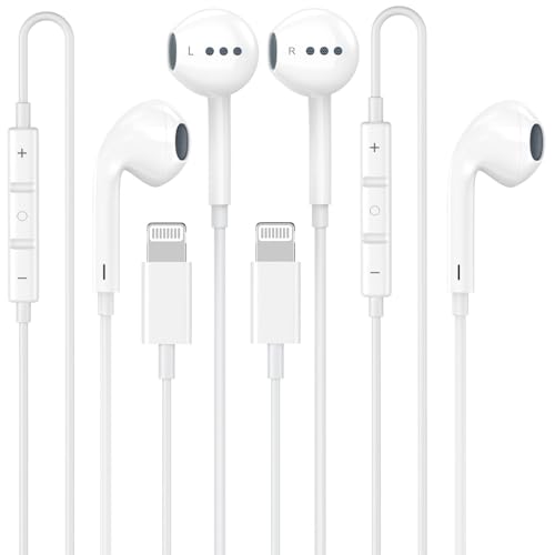 2 Pack Wired Earbuds for iPhone, Lightning Connector with Mic & Volume Control, HiFi Stereo Noise Reduction Earphones for iPhone 14-11 Pro Max/XS XR X 8 7 6, All iOS, Plug and Play (Lightning)