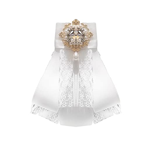 Image of Lace Ribbon Bow Tie Brooch Rhinestone Pearl Necktie for Girl Women Fashion jabot collar brooch pins Pre-Tied Corsage