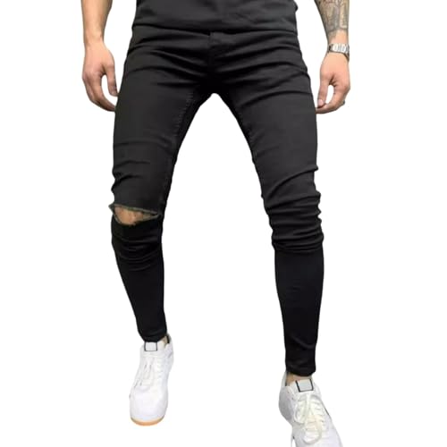 Jeans Pants Trousers Denim Stretch Tight Street Trendy Black Classic Wear and Tear Hole Small Leg for Men