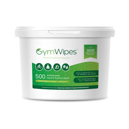 Gym Wipes - 500 Heavy-Duty | Plastic Free, Antibacterial Biodegradable Wipes - Kills 99.9% of Germs | Alcohol Free, Perfect for Gyms, Fitness Studios, Health Clubs, Offices & Homes - Refillable Bucket