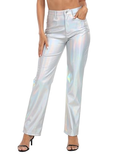 HDE Women's Metallic Faux Leather Pants High Waisted Straight Leg Pockets