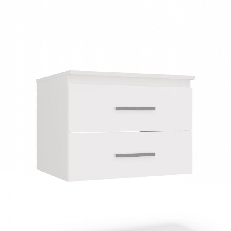 CDF Armario colgante debajo de la encimera, mueble de baño suspendido con 2 cajones para cosméticos accesorios de baño, frentes lisos con asas, moderno, blanco, 60 cm