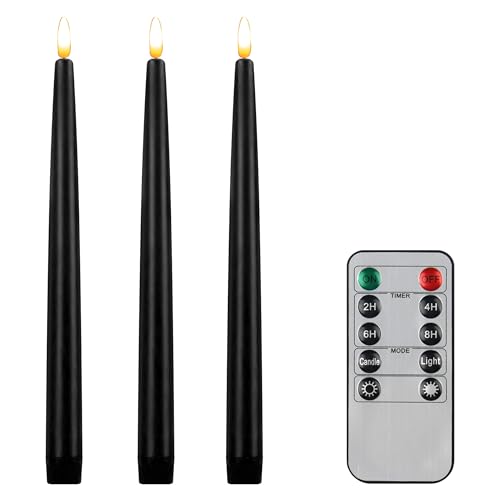 Image of CVHOMEDECO. Flameless Taper Candles with 10-Key Remote, Battery Operated Led Flickering 3D Wick Window Candles Real Wax Finished Home Christmas Party Decor 0.78 x 11 Inch, Pack of 3, Black