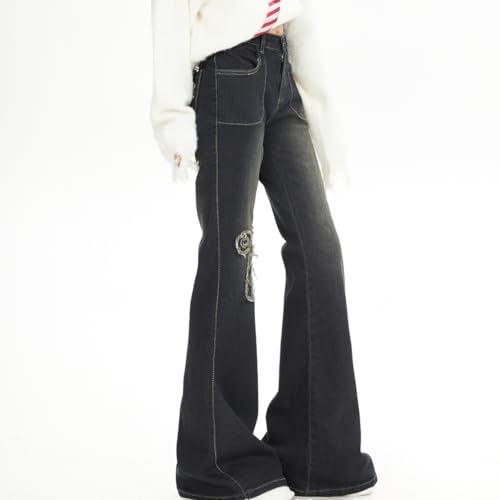 Fashion Casual High Waisted Jeans for Women Y2K Vintage Cute Bow Tie Fringe Patchwork Bell Bottom Pants4