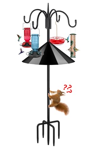FEED GARDEN Heavy Duty Shepherds Hook Squirrel-Proof Bird Feeder Pole 92" Four Hooks 5-Prong Base & 19" Baffle for Outdoor Feeders & Plants