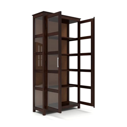 Image of Ekdantix FurnitureSolid Wood Bookshelf with Acrylic Glass Doors | Wooden Display Cabinet for Living Room | Multipurpose Storage Almirah for Books, Decor & Office Use (Walnut Finish)