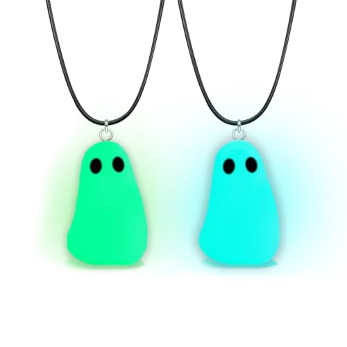 2pcs Ghost Necklace Cute Adopt a Ghost Necklace Blue and Green Glow in the Dark Pendent Christmas Halloween Jewelry for Women and Men
