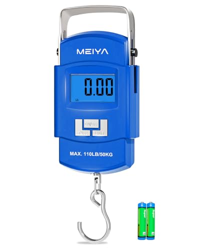 MEIYA Fish Scale 110lb Portable Luggage Scale Travel Digital Hanging Scale with Hook, Fishing Gifts for Men, Weighing Tool for Suitcases &amp; Fish, Includes 2 AAA Batteries, Backlit LCD Display (Blue)