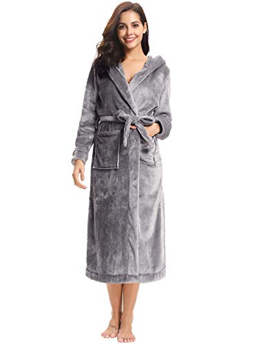 Abollria Women Men Fleece Bathrobe Unisex Kimono Robes Long Robe Soft Kimono Warm Lounge Robe,Large,Grey