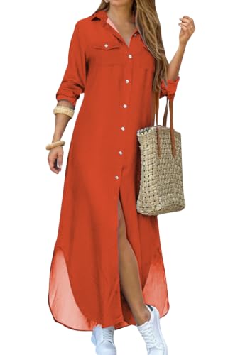 Image of YMING Women's Long Sleeve Button Down Shirt Dress Spring Casual Maxi Dresses Loose Fit Blouse Dress with Pockets