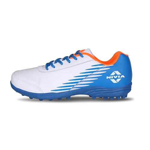 Image of Nivia Men Hook 2.0 Synthetic Leather | Cricket Shoes for Men | PVC Outsole with Die-Cut Soft NR EVA Sockliner for Sports, (White-Blue) UK-4