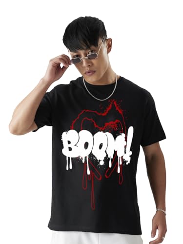 Image of Veirdo 100% Pure Cotton Round Neck Oversized Baggy Fit Drop Shoulder Front Boom Graphic Printed Black T-Shirt for Men & Boys (Available in S to 2XL)