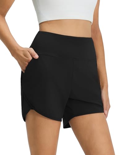 M MAELREG Running Shorts for Women 2 in 1 Double Layer Quick Dry High Waisted Tennis Workout Shorts with Pockets Black