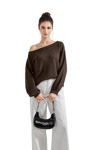 SUUKSESS Women Off The Shoulder Fall Sweaters Long Sleeve Boat Neck Oversized Pullover Sweater Tops