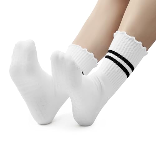 Image of American Trends Pilates Crew Socks for Women with Grips, Non Slip Ruffle Sock for Yoga Barre and Workout