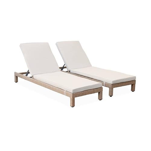 Alice's Garden - Set de 2 Bains de Soleil en résine tressée. transats - Pisa x2 - Naturel. Coussins Beige