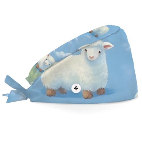 Mularoka Cute Sheep Meadow Working Caps with Button Sweatband Comfortable Adjustable Bouffant Hats Work Hat for Women Men