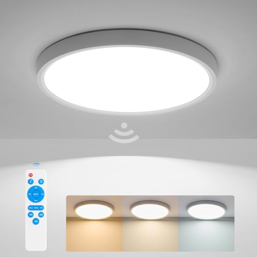 Aggforbl Plafon LED Techo con Sensor de Movimiento Interior 3000K/4000K/6000K, 24W Ø30CM Redondo Lampara Techo con Mando a Distancia, IP44 LED Plafón Luz para Cocina Salon Dormitorio Habitacion