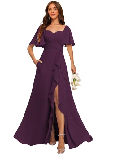 Stylefun A Line Chiffon Bridesmaid Dresses with Slit Flutter Sleeve Formal Party Dress CYM272
