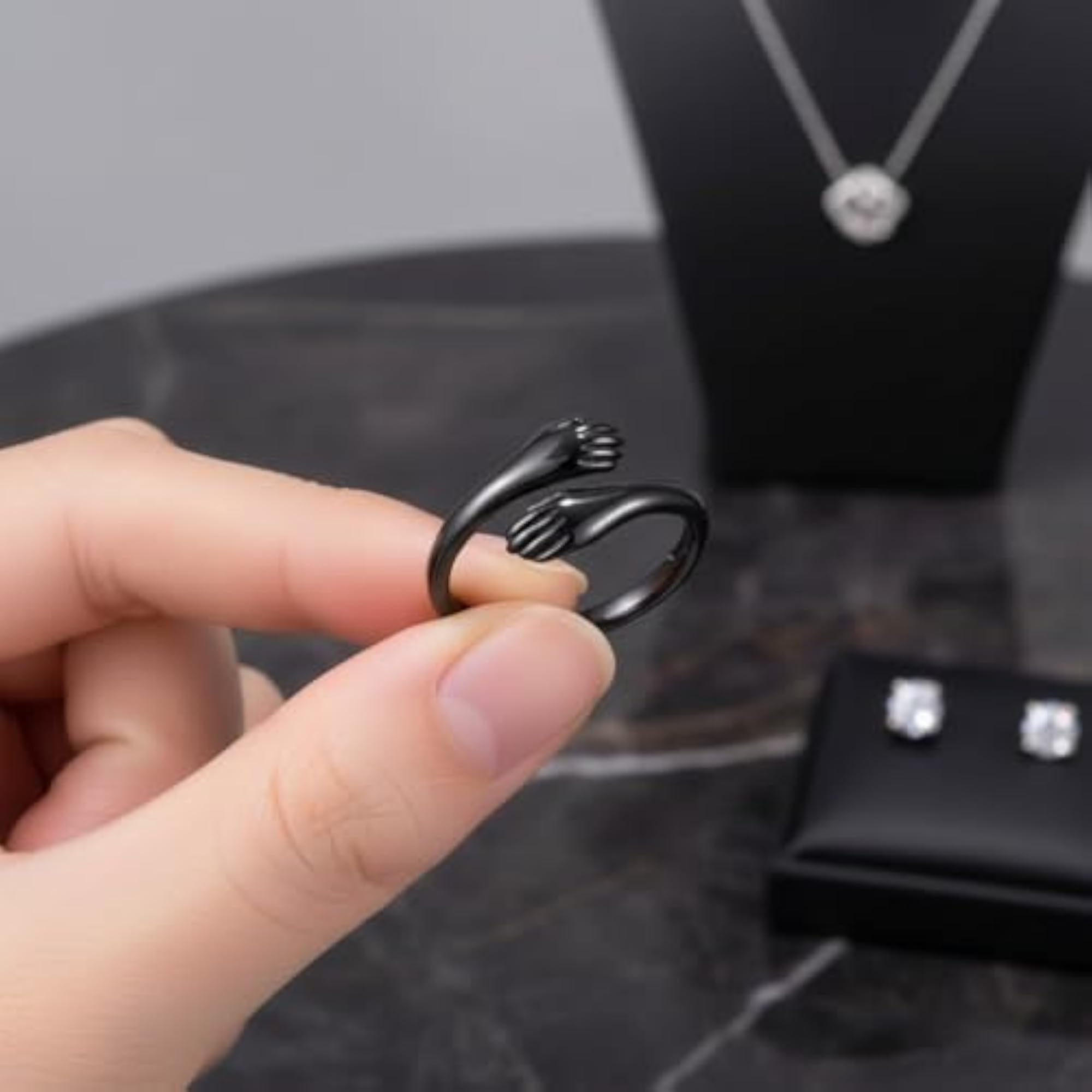 Hug Design Adjustable Ring, Black Stainless Steel, Unisex
