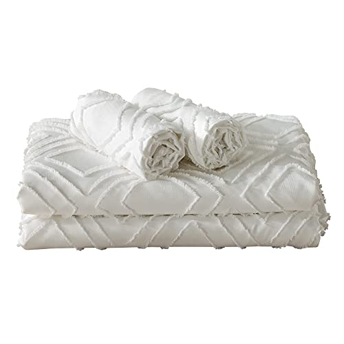 Lamourbear Jacquard & Tufted Duvet Cover Full Size White Bedding Set, All Seasons Comforter Cover, With Double-End Sliders Zipper Closure, 8 Ties, 3 Piece (2 Pillowcase, 1 Duvet Cover), F White #TOP6