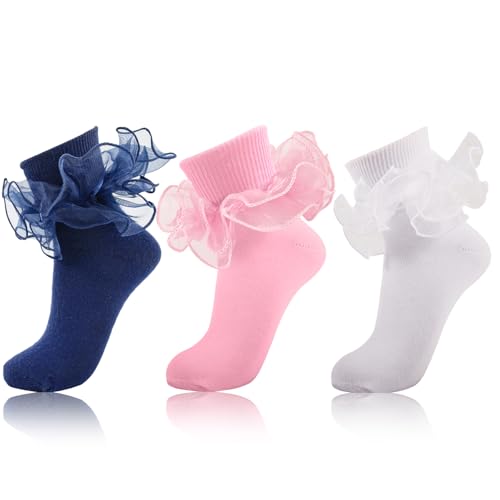 Image of Women Big Ruffle Ankle Socks Adult Double Lace Frilly Turn Cuff Dress Socks Cotton Cute Fancy Bobby Crew Socks