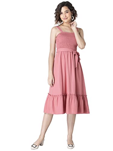 Image of FabAlley Dusty Pink Belted Smocked Back Midi Dress