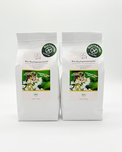 Bio-Buchweizenmehl 2x500 g, 'glutenfrei' zertifiziert, aus geschälten Bio-Buchweizenkörnern aus Oberbayern/Deutschland, bestens für Pfannkuchen und Brotbacken geeignet