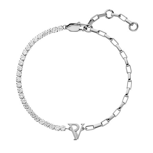 PAUL VALENTINE Pulsera de tenis y cadena para mujer, plata, acero inoxidable, 17 cm + 3 cm de extensión, 27 circonitas blancas, logotipo PV, cierre de mosquetón
