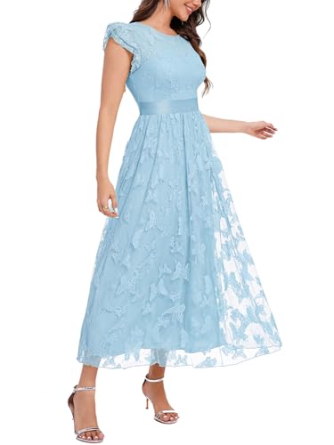 Image of Women's Casual Tulle Midi Dress Ruffle Sleeve Crewneck Lace Flowy Dresses Party Wedding Guest Sundress