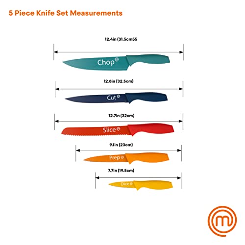 MasterChef Coloured Knife Set of 5 Kitchen Knives (Paring, Utility, Carving, Bread & Chef) Colour Coded Stainless Steel Blades & Soft Touch Handles, 5 Piece, Multi-Coloured