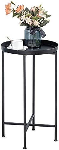 HollyHOME Small Round Metal Waterproof End Table, Accent Indoor&Outdoor Coffee Side Table, Snack Sofa Table for Living Room, Anti-Rust Decorative Plant Stand, (D) 14.5" x (H) 25", Black
