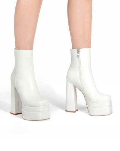 Image of ANN CREEK Women's Double Platform Ankle Boots Chunky Heel Booties Side Zipper Square Toe High Heel Casual Boots